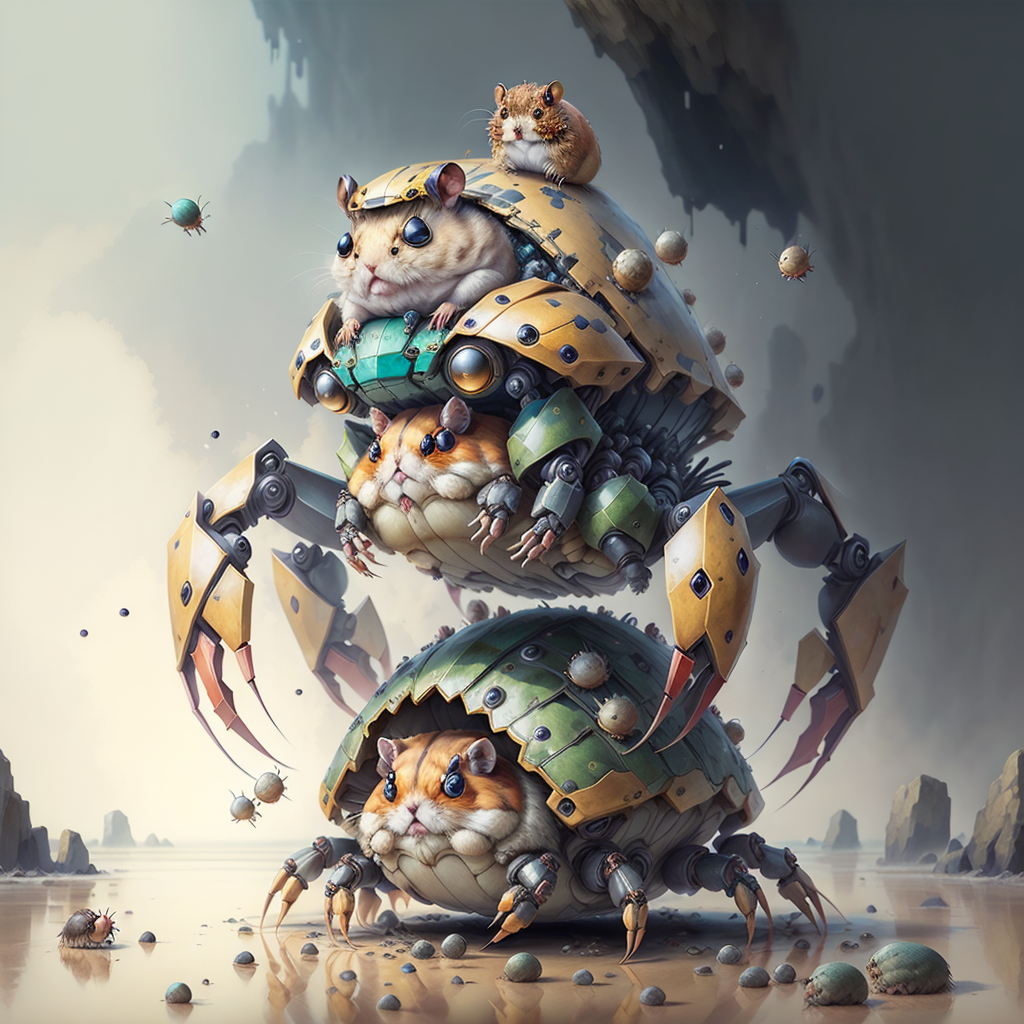 masterpiece,   <lora:kHorrorCrab:1> h0rrorCrab,  mecha, hamster on top,